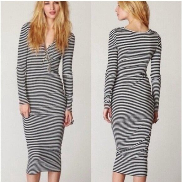 FP BEACH Midi Women's Bodycom Dress Sz M Striped L/S Urban Outfitter Brenton - Picture 1 of 15
